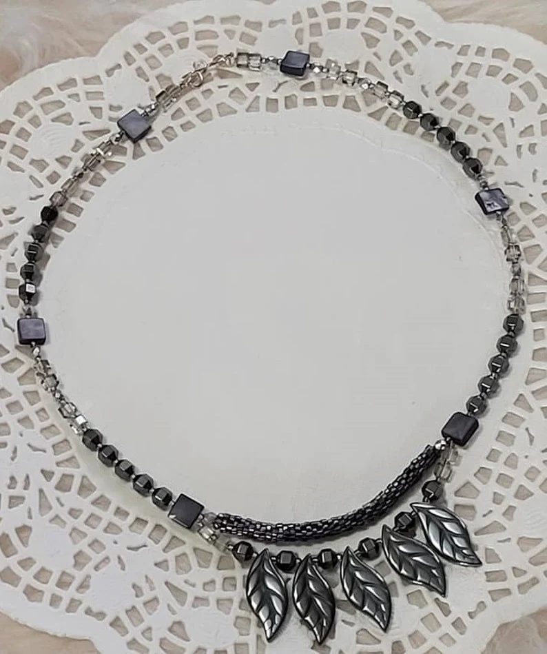 Hematite Leaf and Crystal Necklace
