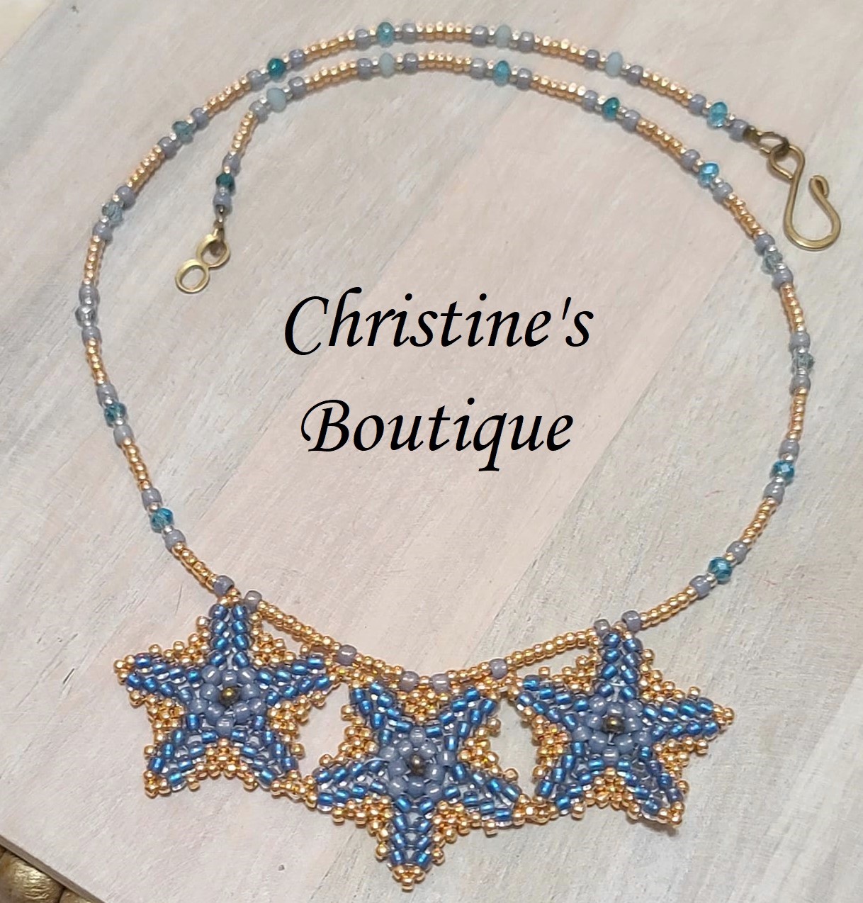 Starfish Necklace Miyuki glass beaded gold and blue - Click Image to Close