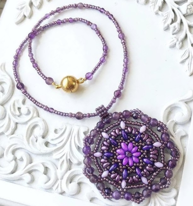 Miyuki Glass and Amethyst Gemstone Medallion Pendant Necklace