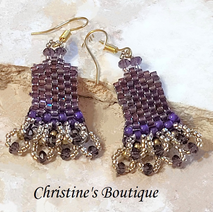 Iridescent Purple Bell Shaped Earrings with Tassel - Click Image to Close