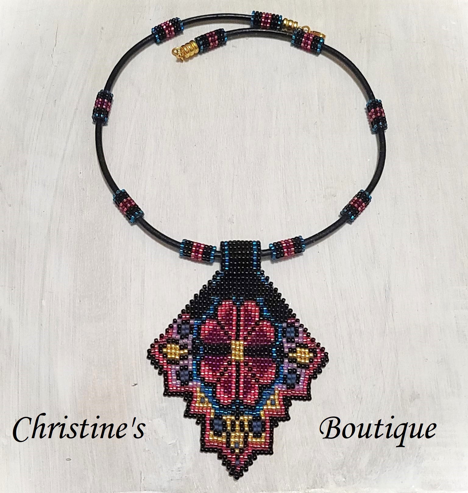 Geometric Floral Pattern Bead Weaved Necklace with Black leather - Click Image to Close