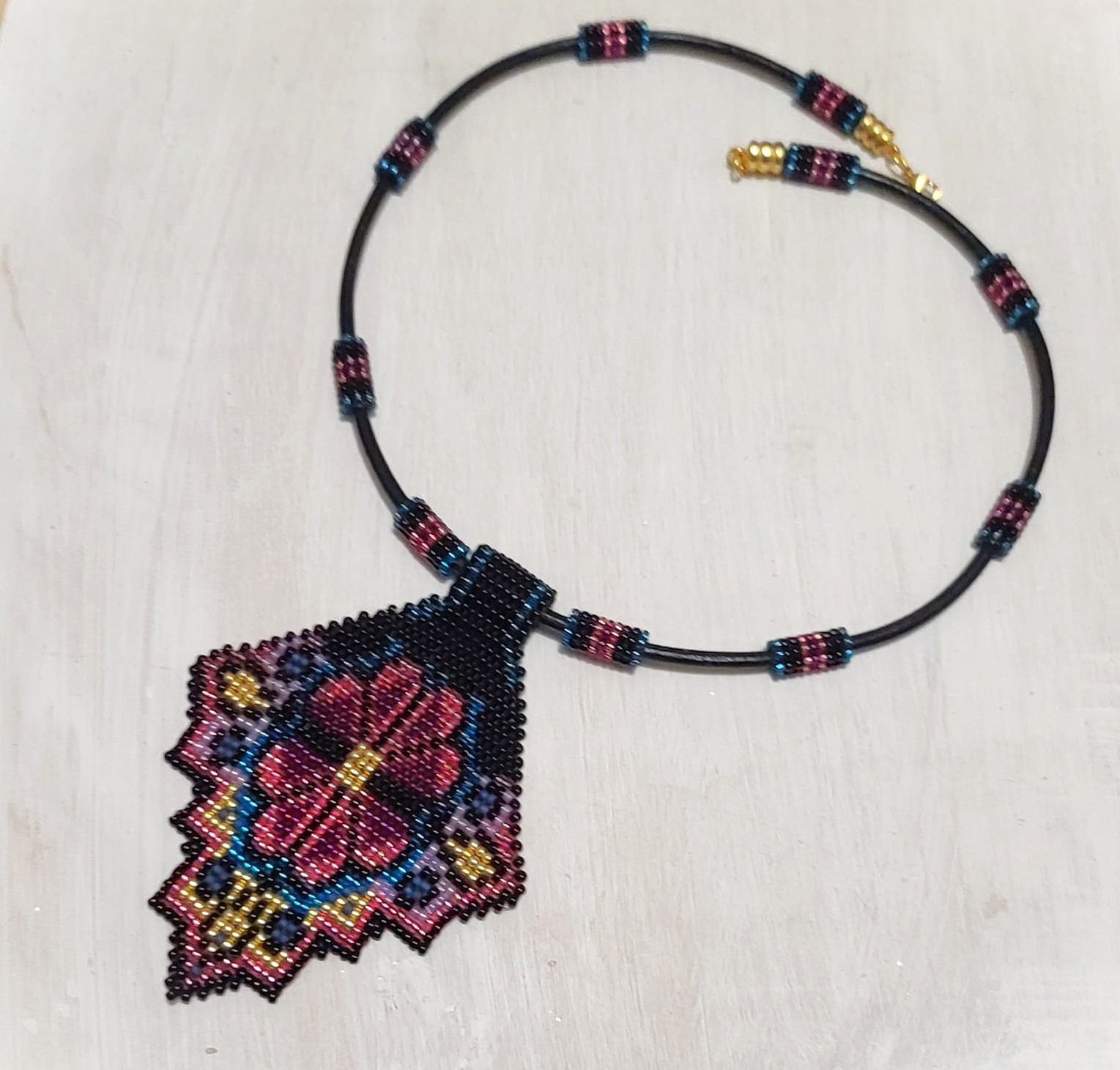 Geometric Floral Pattern Bead Weaved Necklace with Black leather