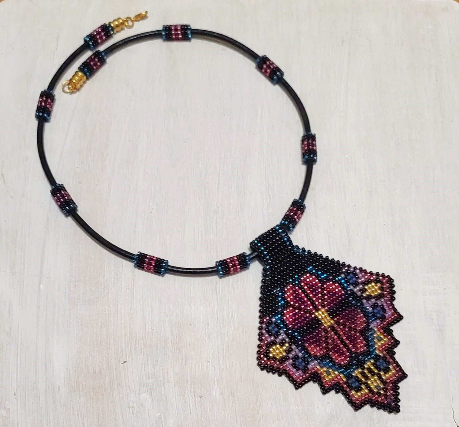 Geometric Floral Pattern Bead Weaved Necklace with Black leather