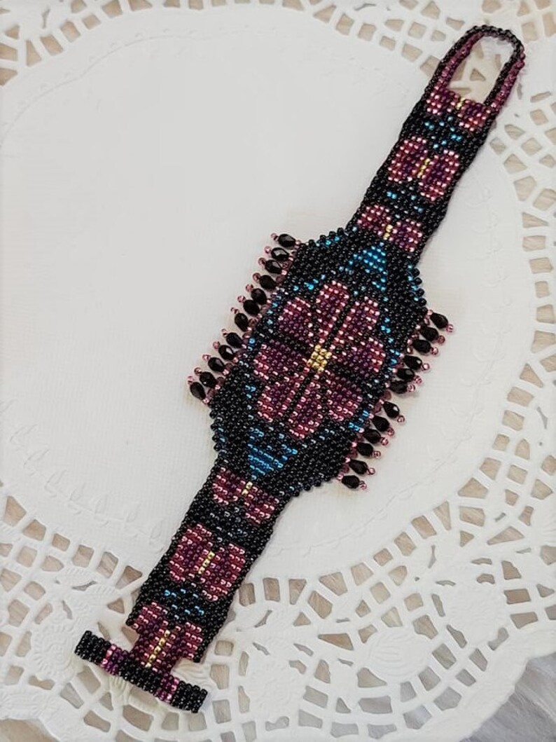 Geometric Floral Pattern Bead Weaved Bracelet with Fringe
