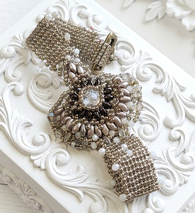 Miyuki Glass Beaded Fantasy Fan Bracelet with Crystal Accents
