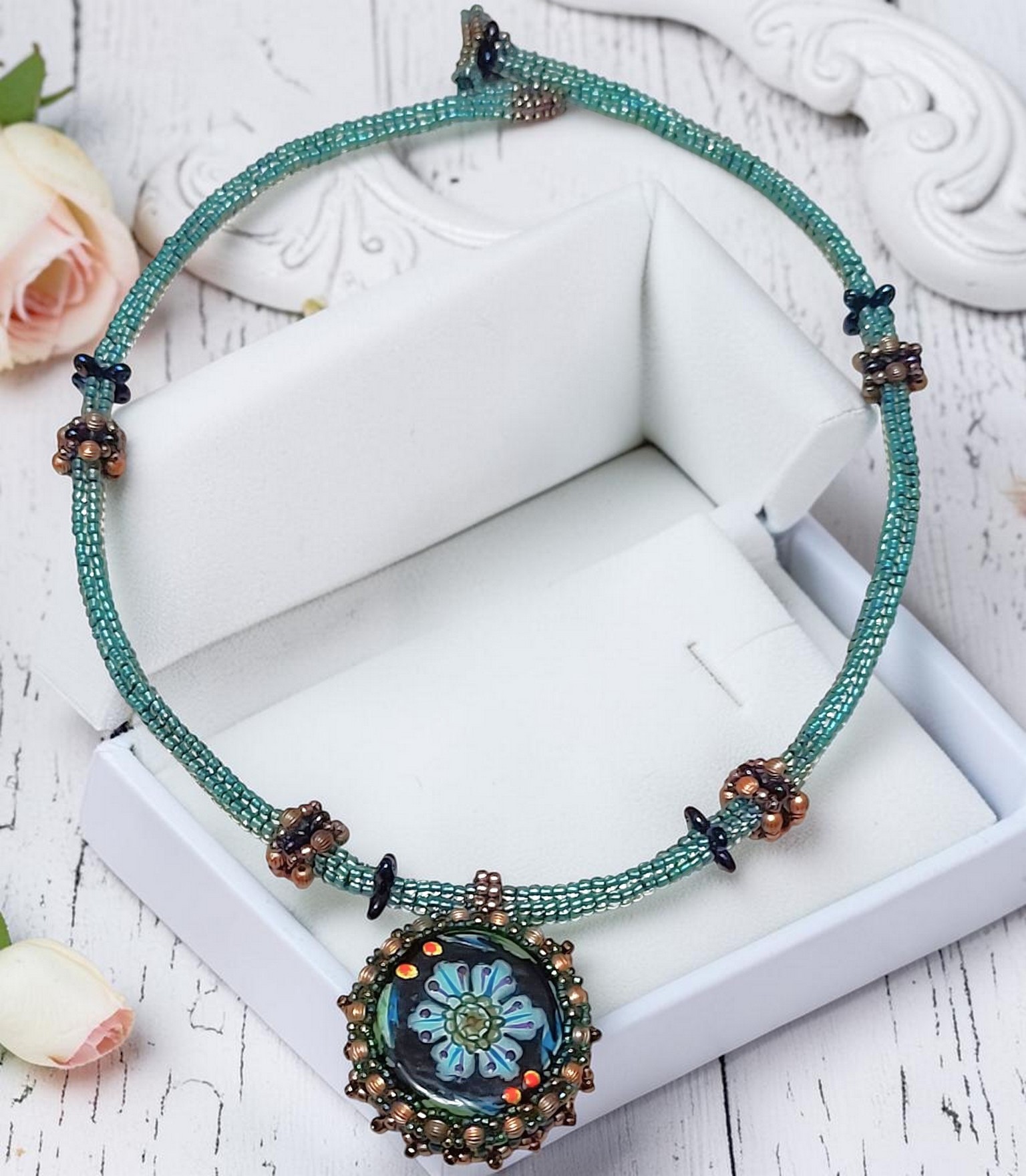 Miyuki Glass and Beada Embroidery Pendant Necklace