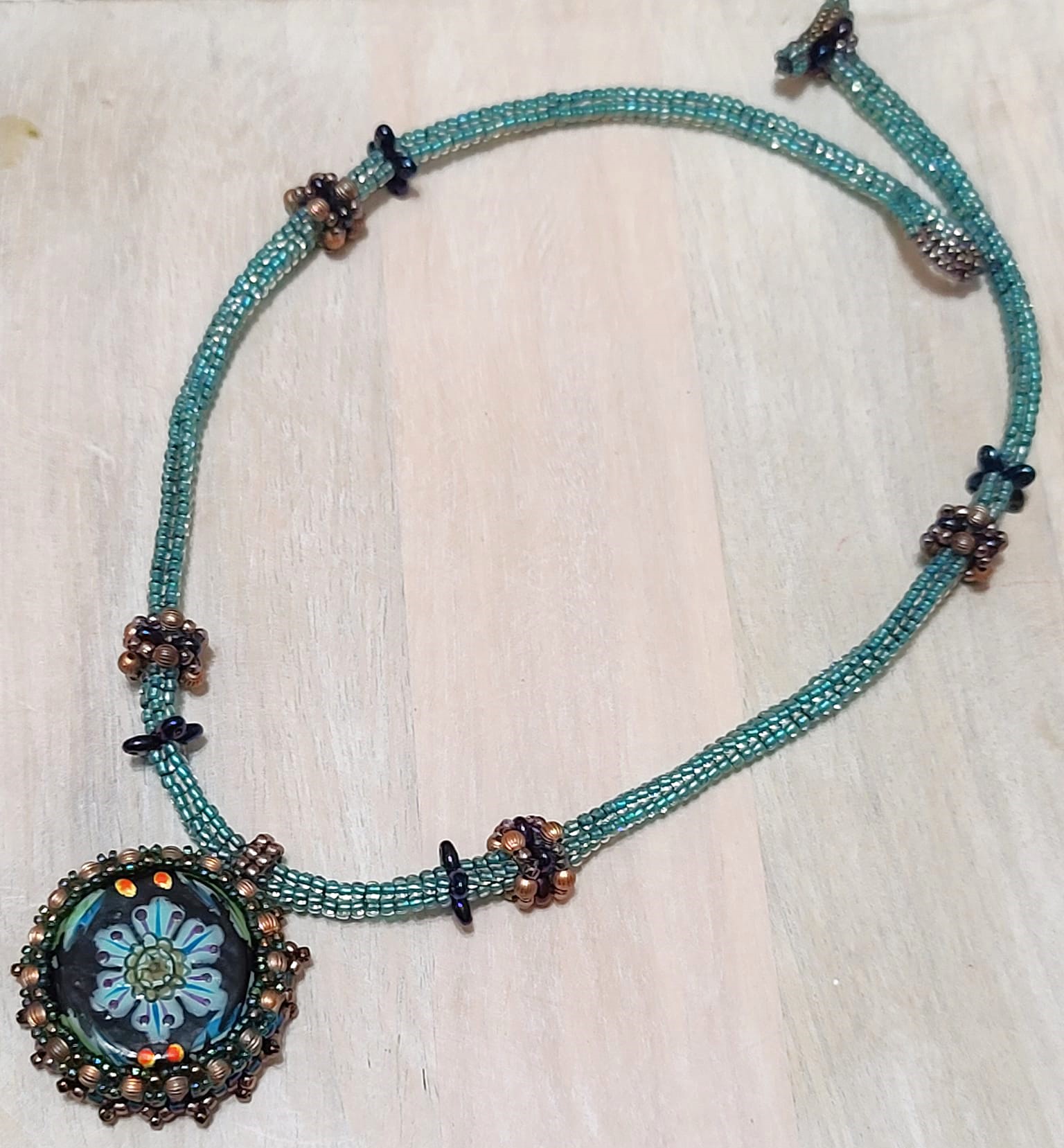 Center ceramic bead embroidery pendant necklace