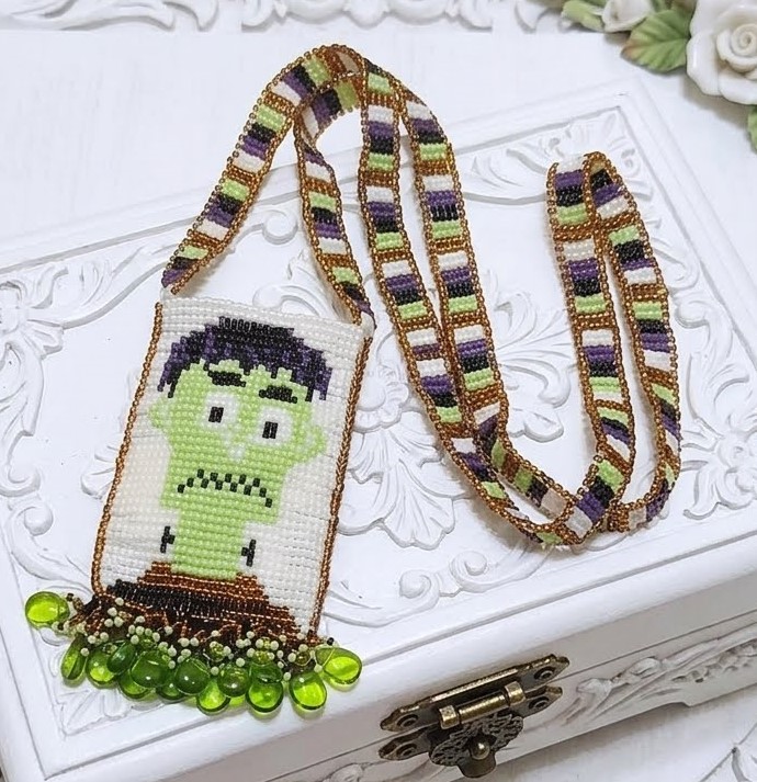 Miyuki Glass Beaded Pouch Necklace with Fringe Frankenstein Miyuki Glass Beaded Pouch Necklace with Fringe Frankenstein