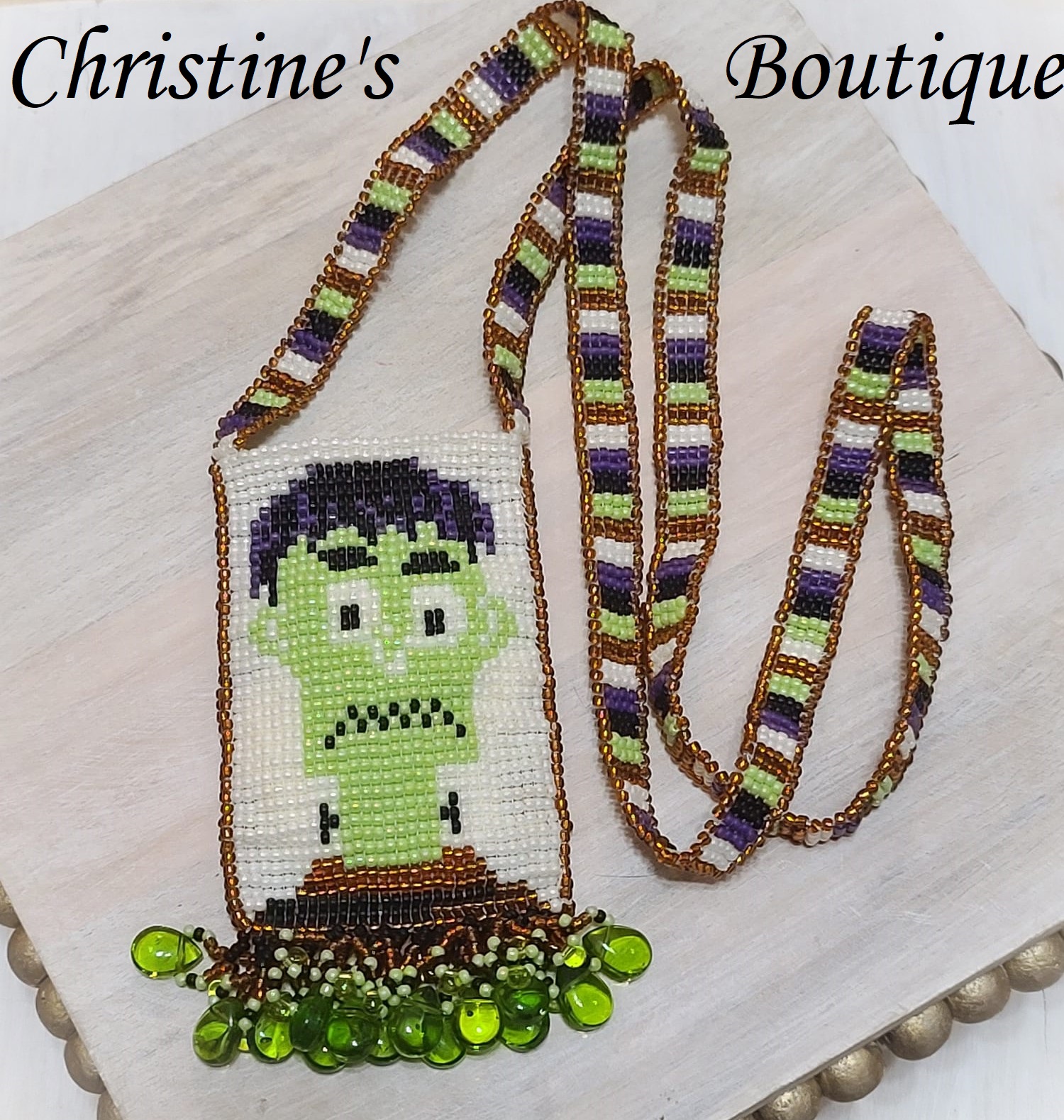 Glass bead Frankenstein 2 sided pattern pocket lariat necklace - Click Image to Close