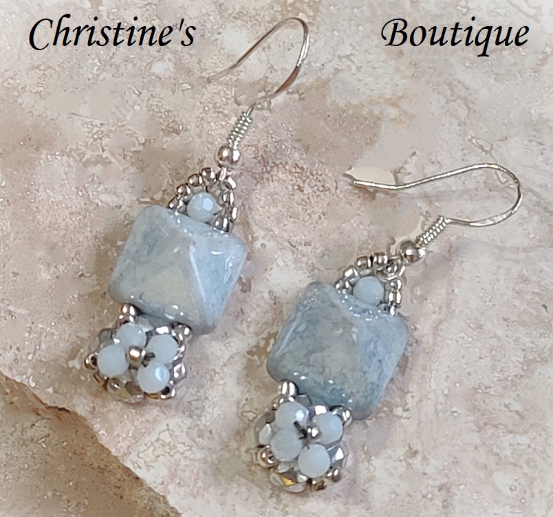 Light Blue Glass Pyramid Bead weaved Dangle Earrings - Click Image to Close