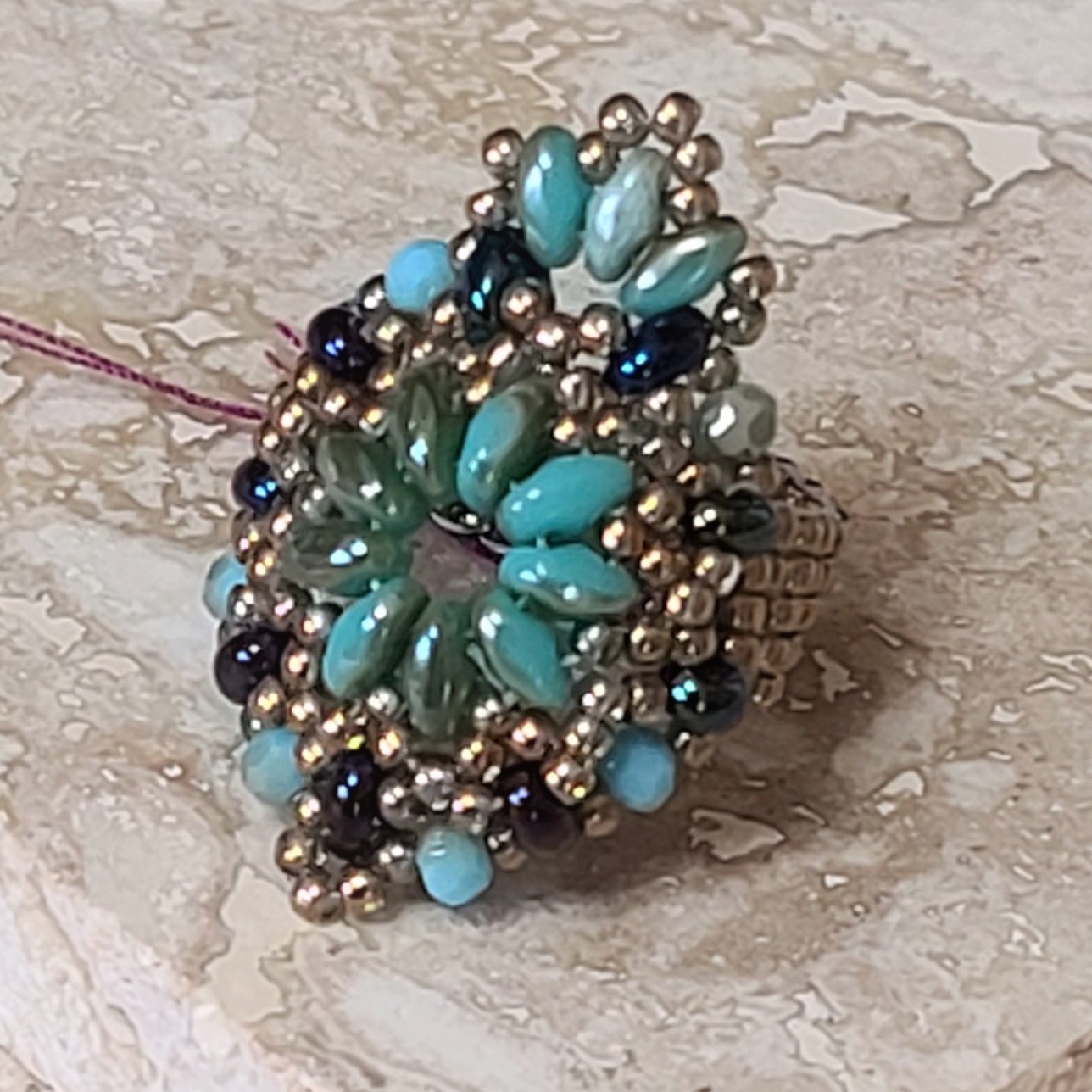 Turquoise and Blue Iris Glass Beadwoven Ring