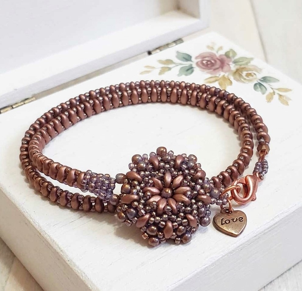 Wrap bracelet, medallion center, miyuki glass, 2 row, love charm