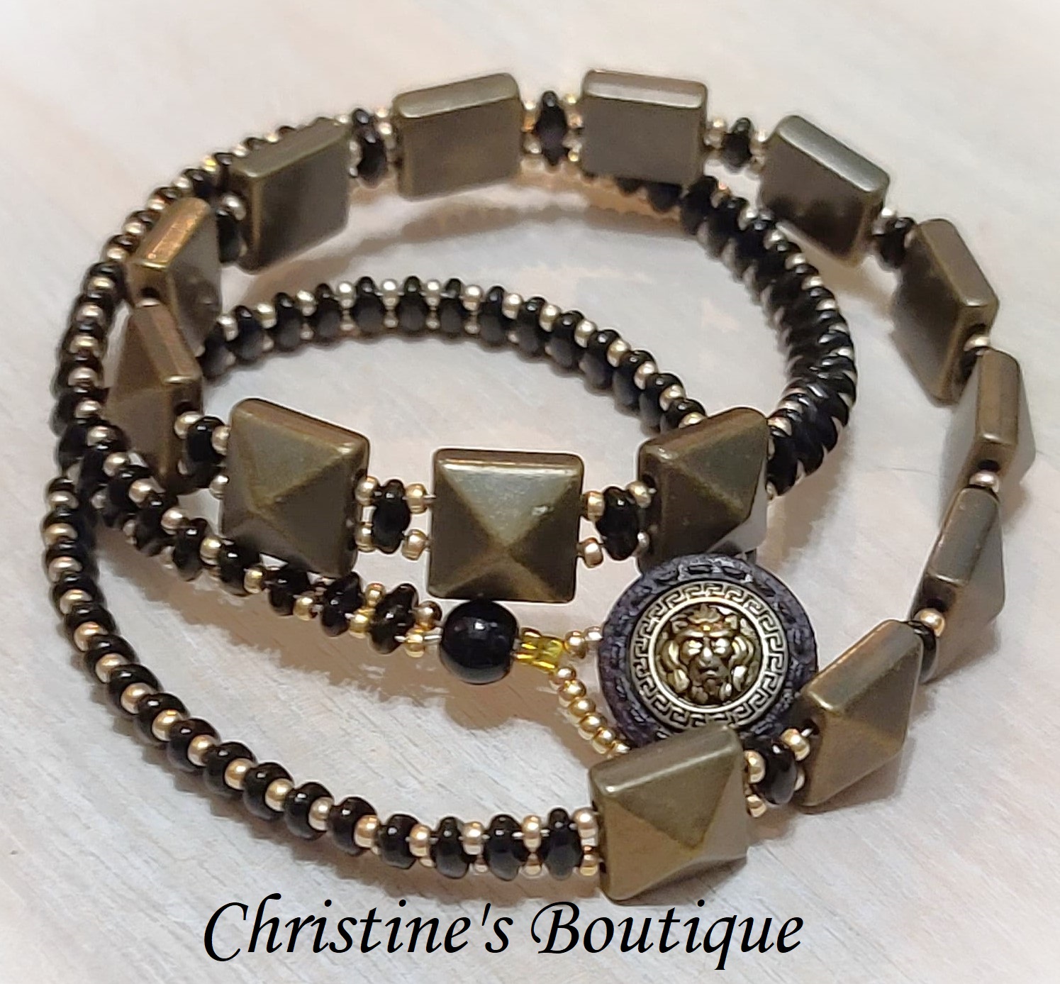 Handcrafted studded matt gold and black 3 row wrap bracelet - Click Image to Close