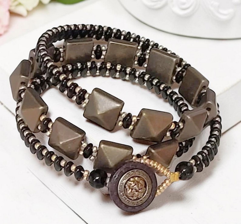 Black Glass Super Duo Beads and Matt Gold 3 Row Wrap Bracelet