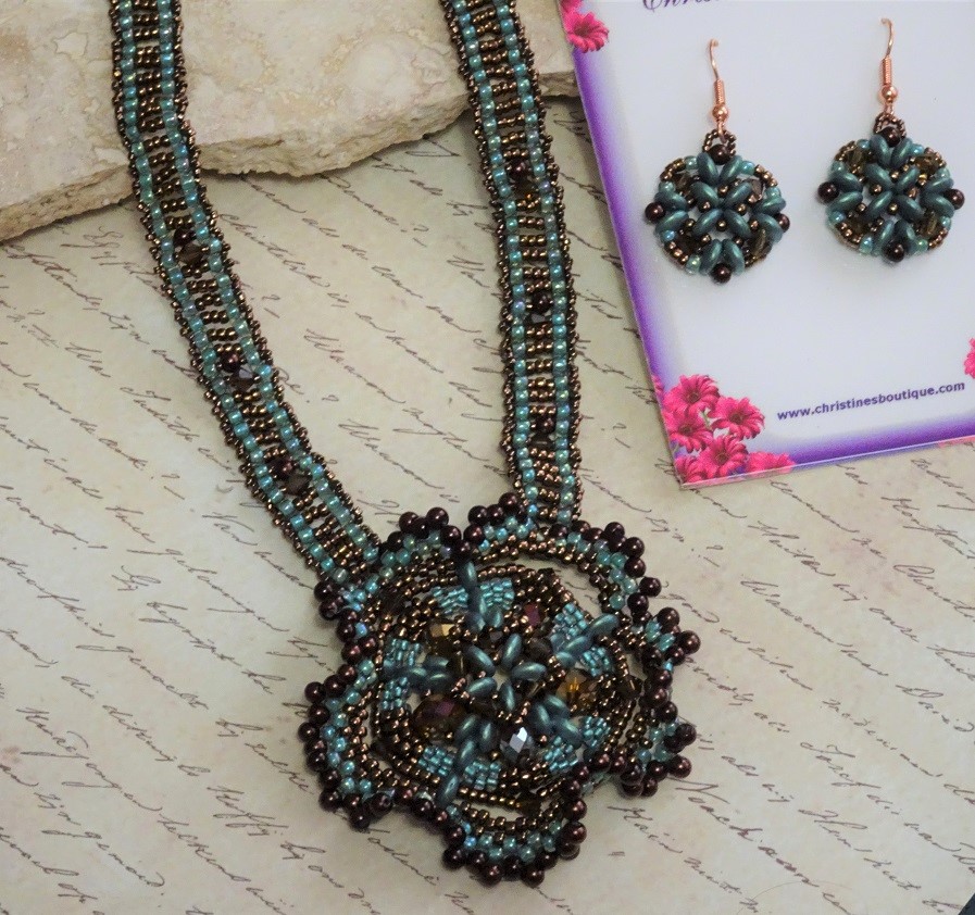 Brown and Green Large Pendant Necklace and Earrings