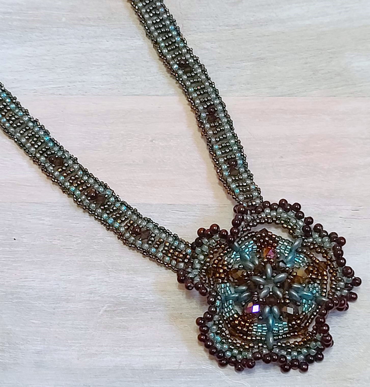 Statement flower necklace, handcrafted, glass beads and crystal