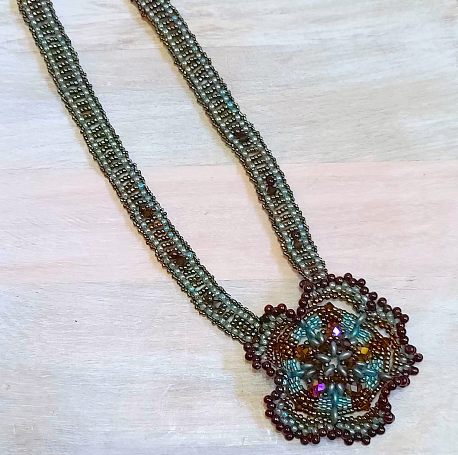 Statement flower necklace, handcrafted, glass beads and crystal