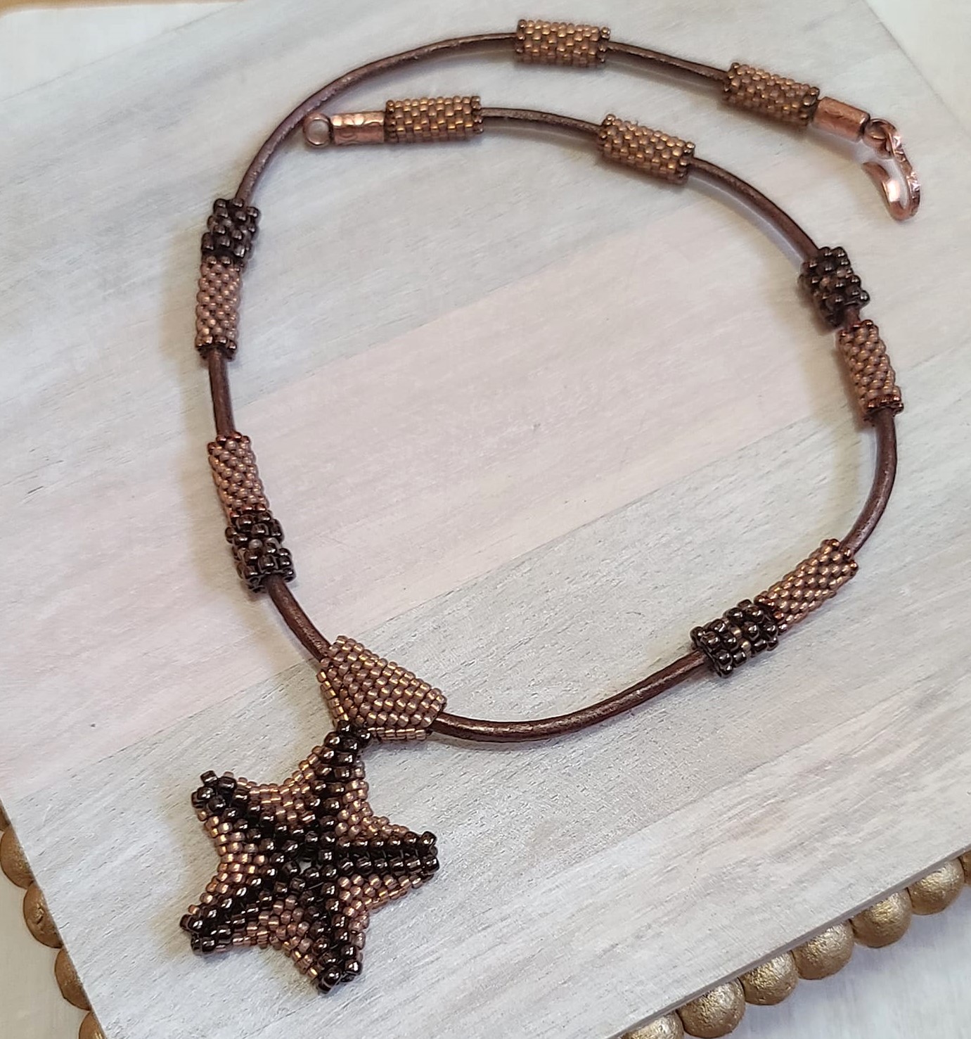 Starfish pendant necklace, handcrafted, miyuki glass and leather