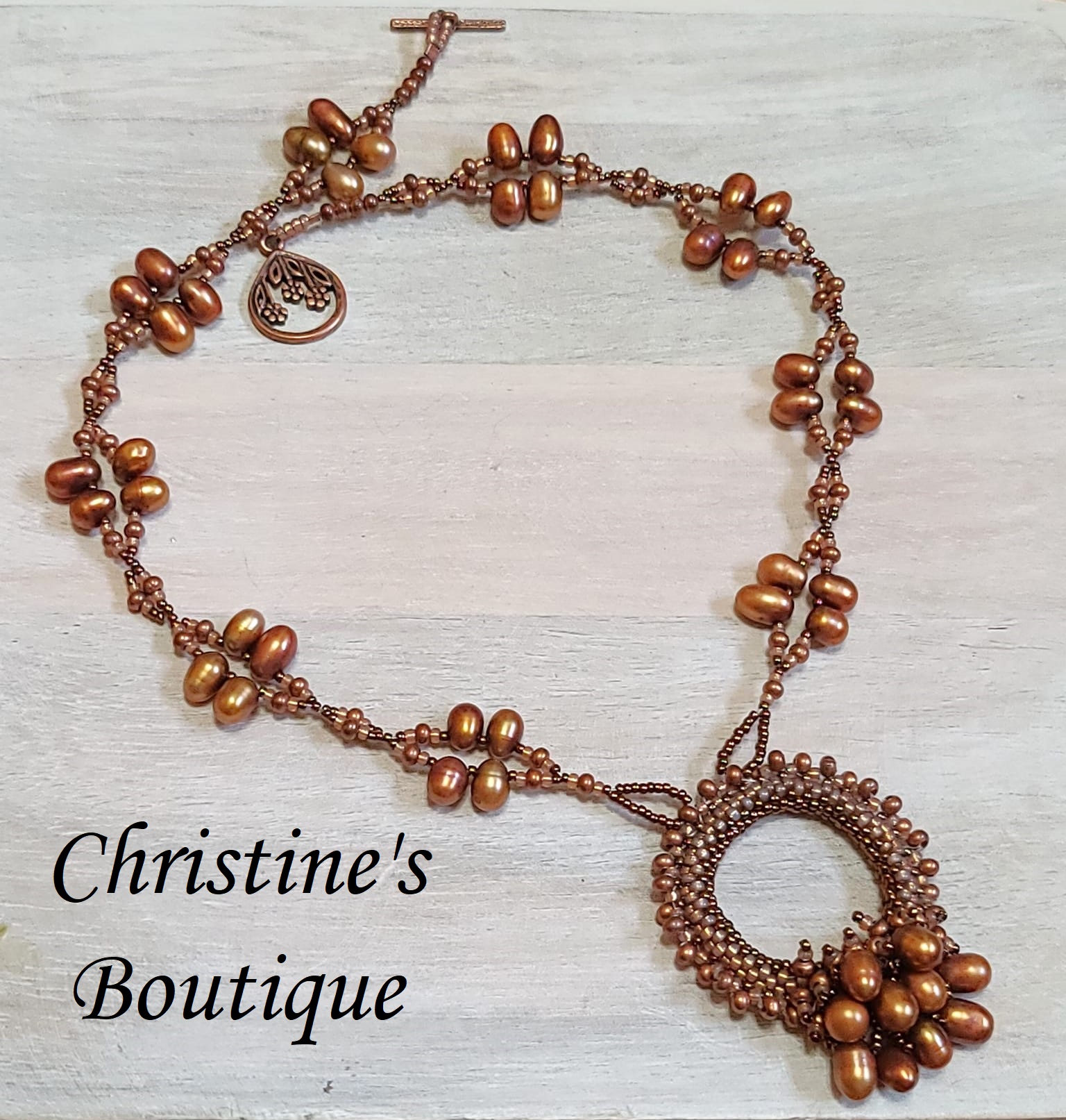 bronze pearl necklace, circle pendant, handcrafted, miyuki glass