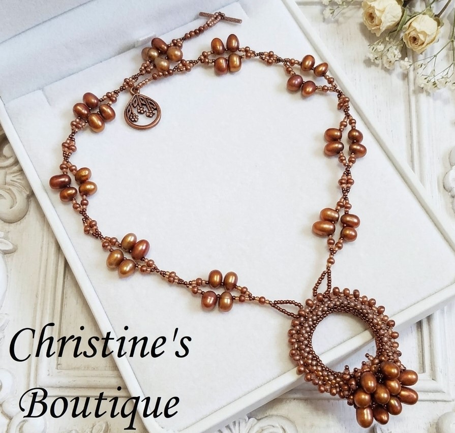 Miyuki Glass and Bronze Pearl Circle Pendant Necklace