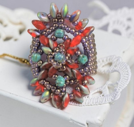 Turquoise and Orange Southewest Design Beadwoven Ring