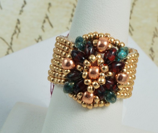Royal Gold with Red and Green Glass Ring Hand Stitched