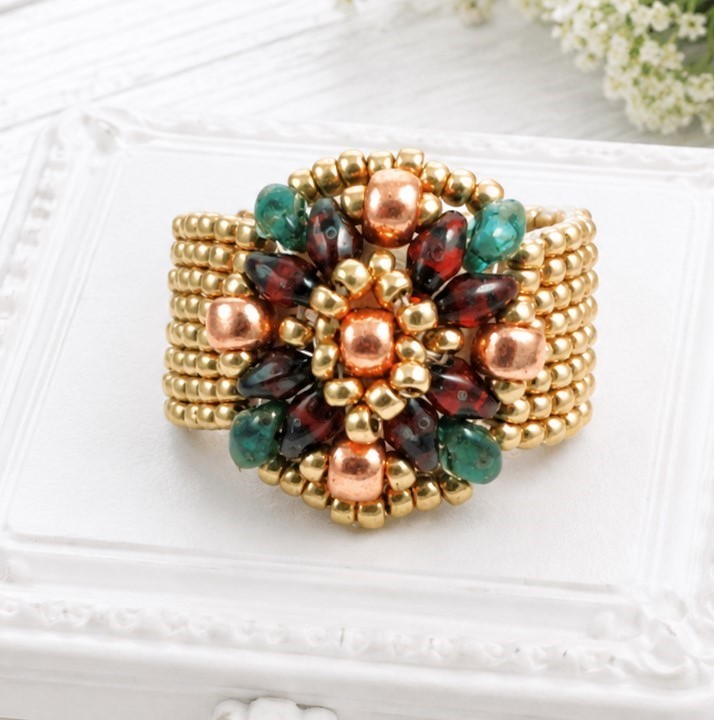 Miyuki Glass Gold Ring with Picasso Red and Green Beads