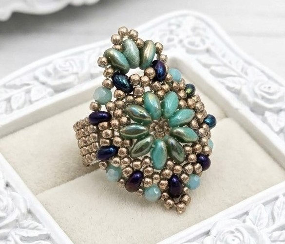 Turquoise and Blue Iris Glass Beadwoven Ring