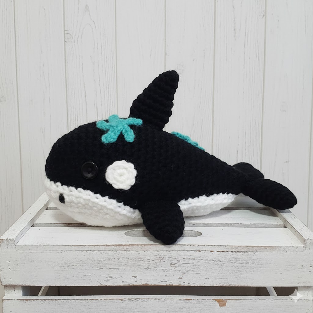 Crochet amigurumi handmade stuffed orca with starfish
