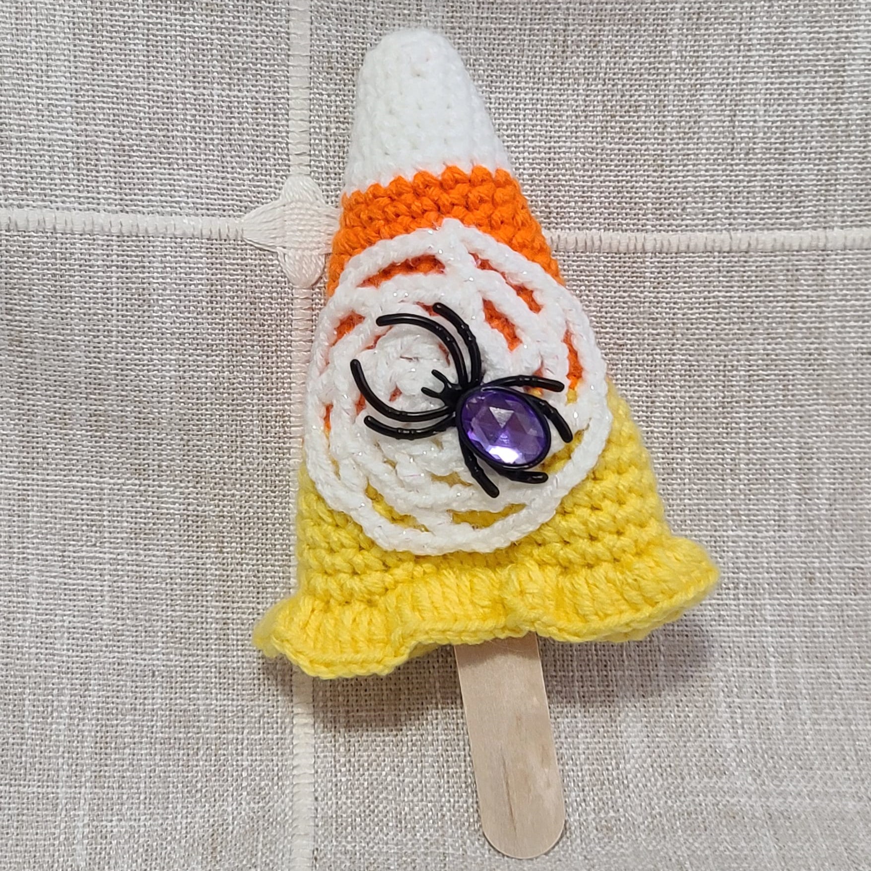 Crochet amigurumi handmade candy corn on a stick