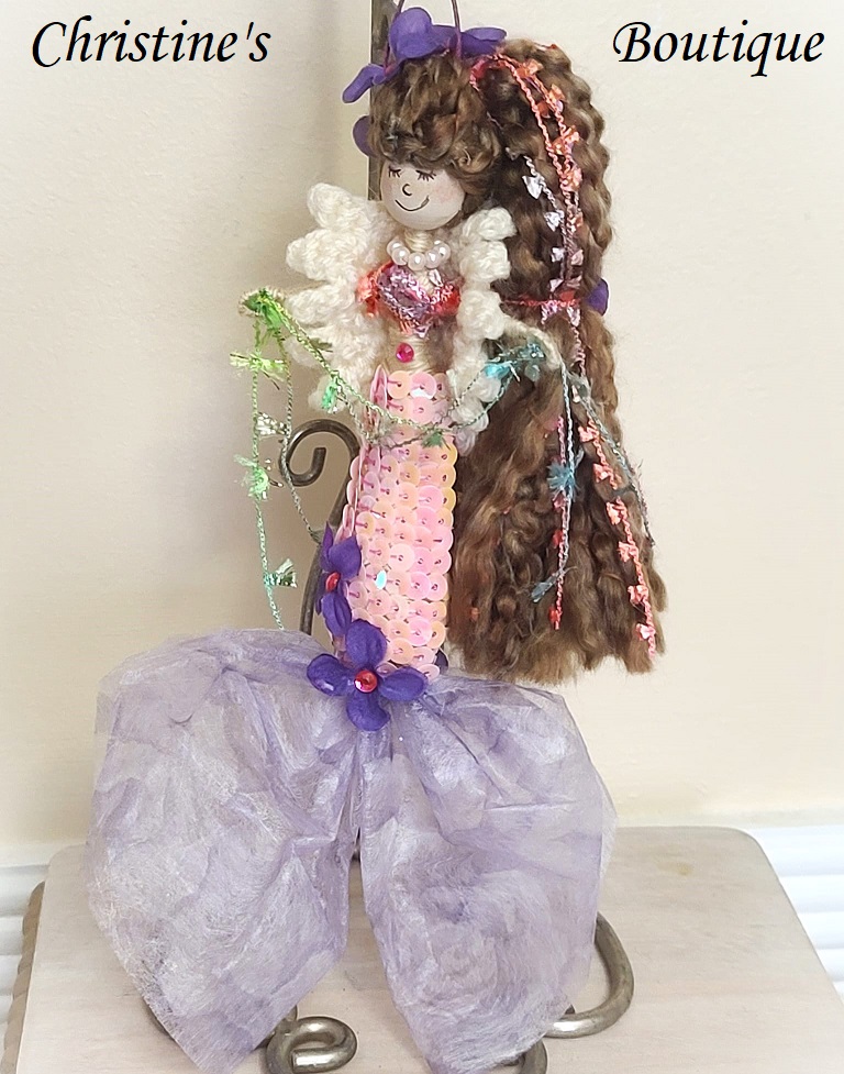Whimsical mermaid doll, doll ornament, handmade doll, handmade mermaid, pink and purple mermaid