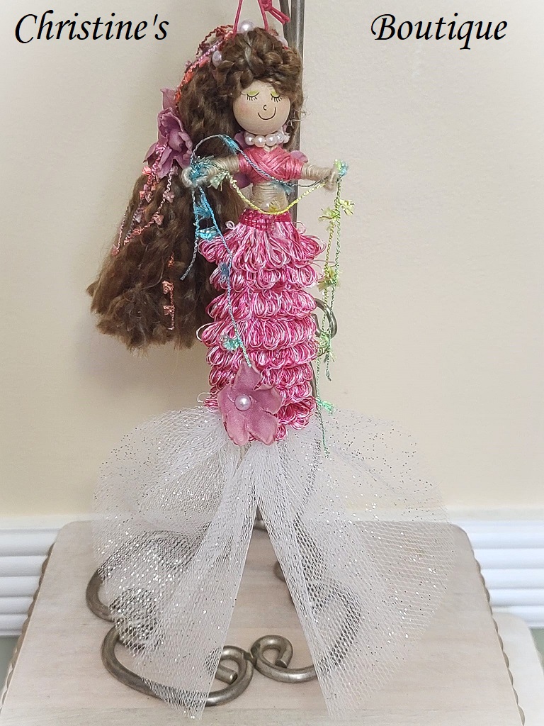 Whimsical mermaid doll, doll ornament, handmade doll, handmade mermaid, pink mermaid - Click Image to Close