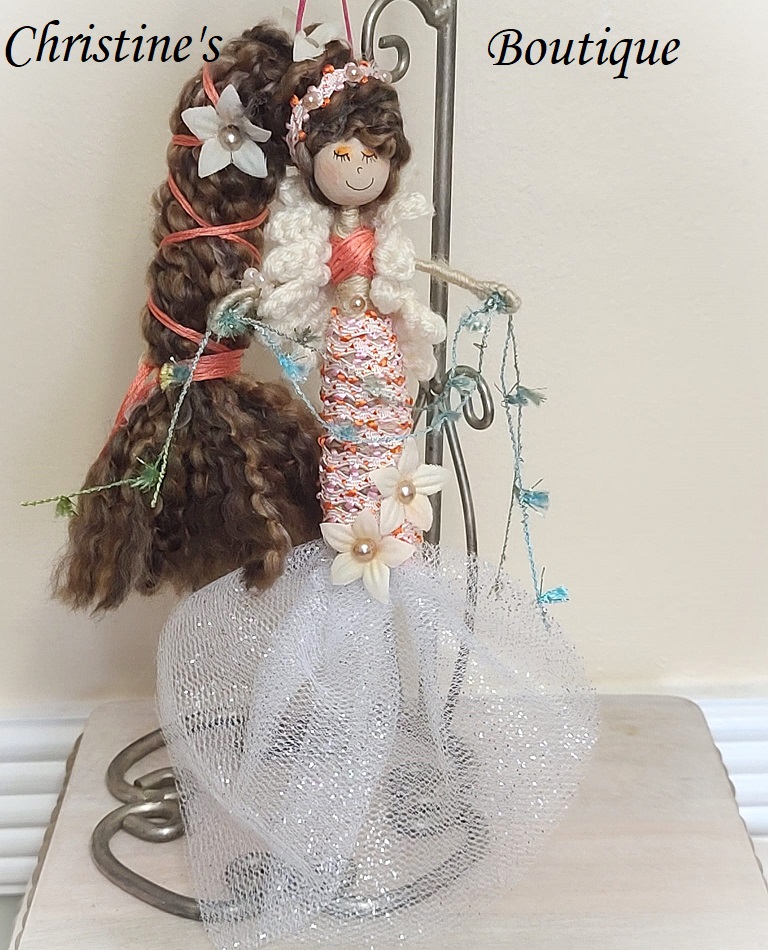 Whimsical mermaid doll, doll ornament, handmade doll, handmade mermaid. peach color mermaid - Click Image to Close