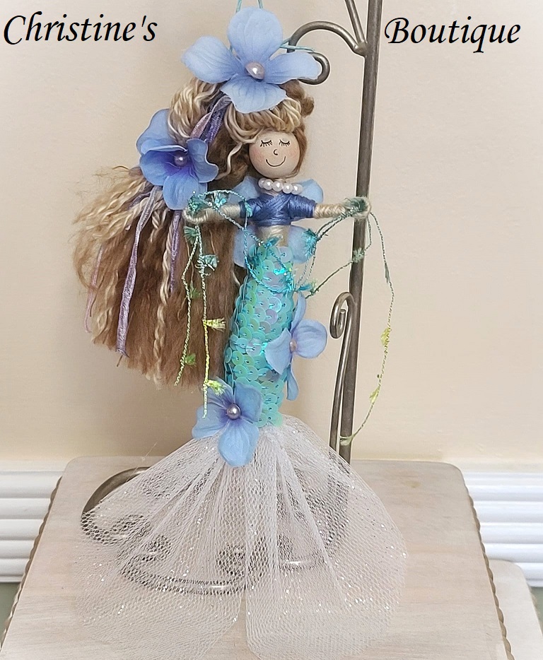 Whimsical mermaid doll, doll ornament, handmade doll, handmade mermaid, blue mermaid - Click Image to Close