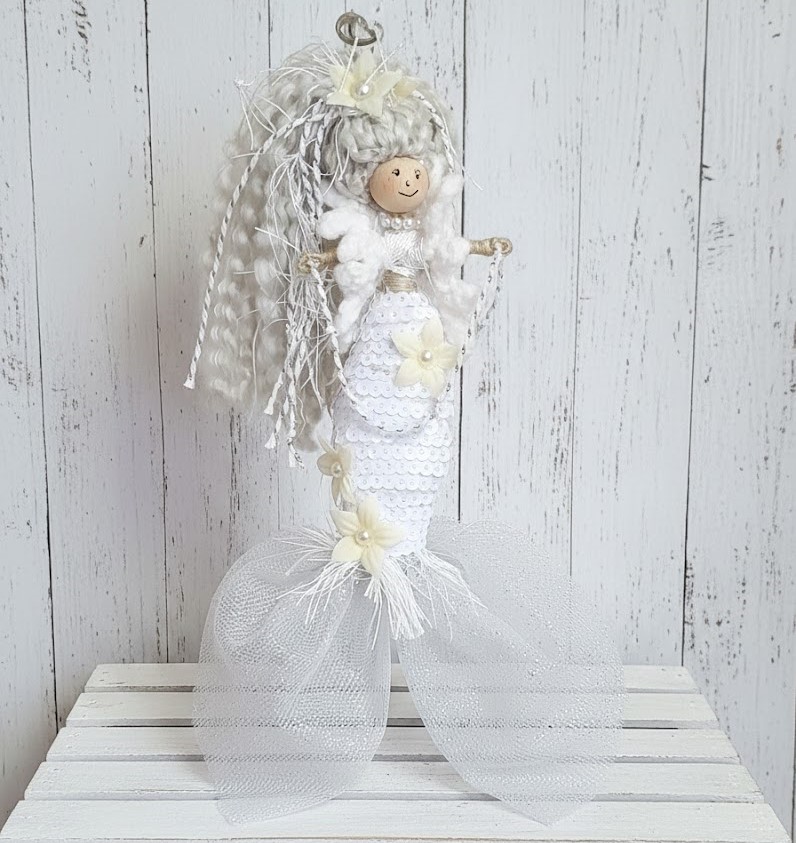 Whimsical mermaid doll, doll ornament, handmade doll, handmade mermaid. white mermaid