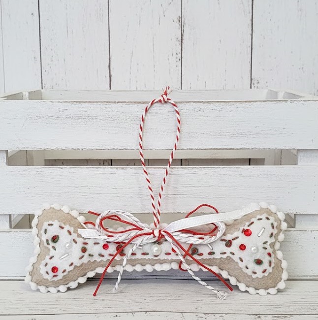 Dog bone ornament cookie dough felt with red and green trim