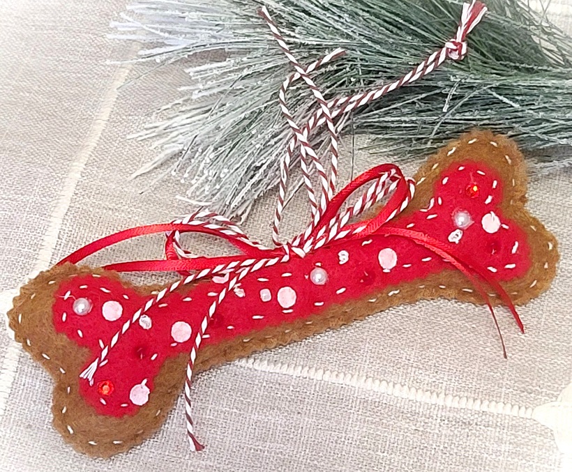 Dog bone ornament gingerbread felt with red applique