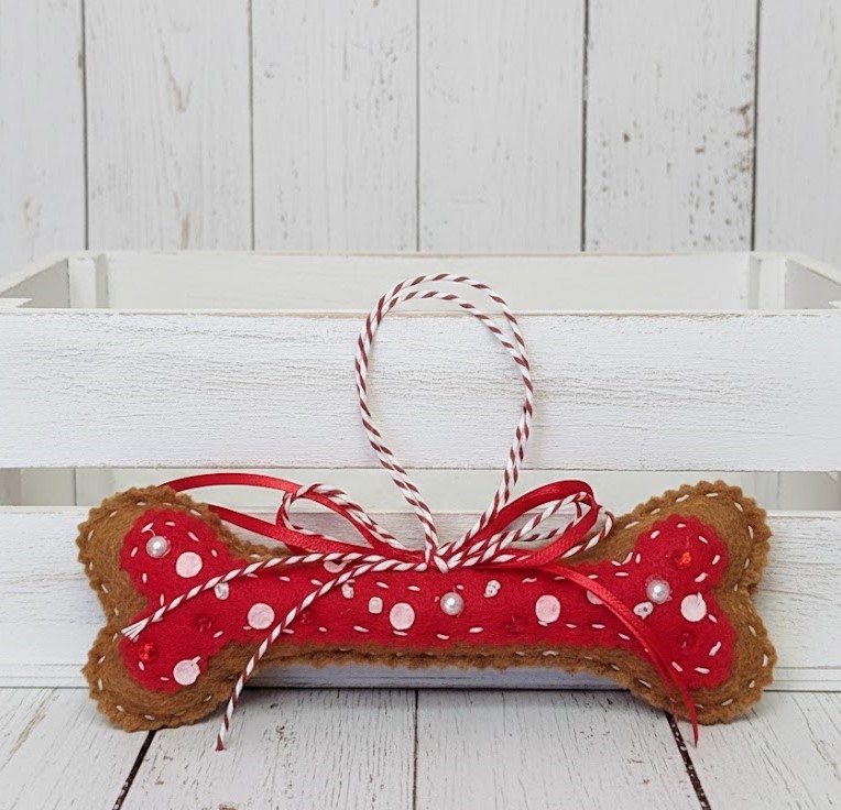 Dog bone ornament gingerbread felt with red applique
