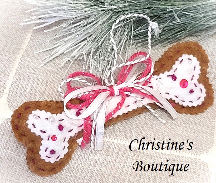 Dog bone ornament gingerbread felt with pink trims - Click Image to Close