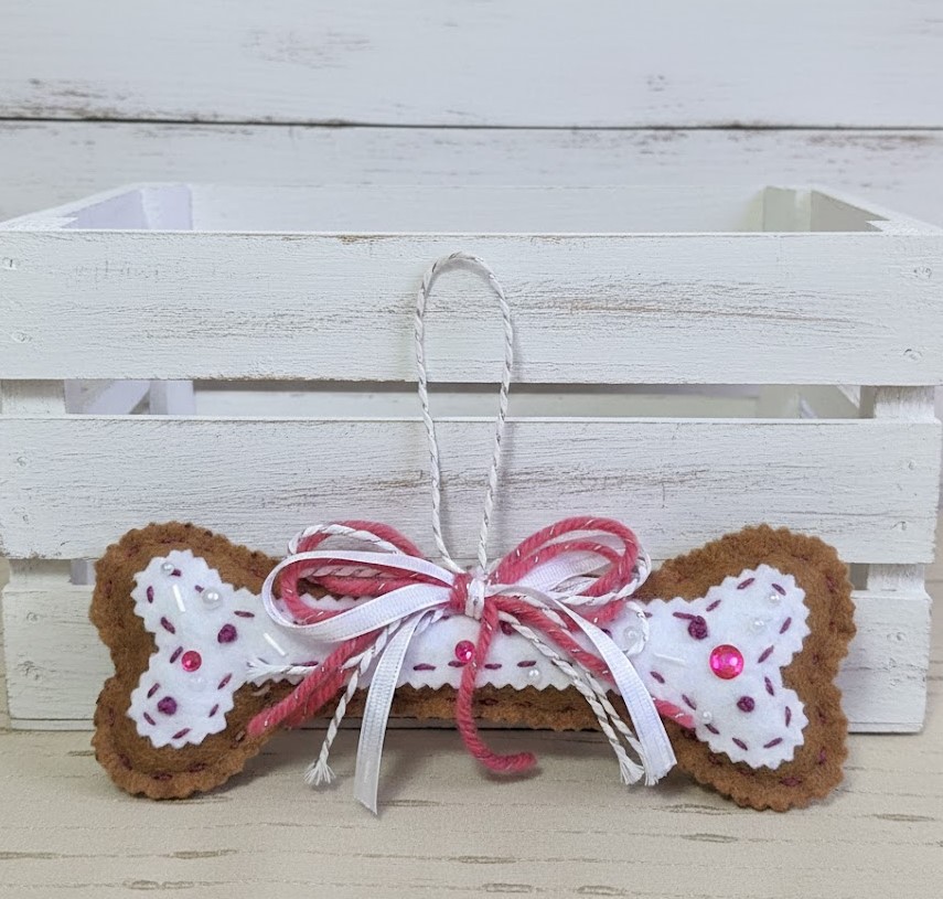 Dog bone ornament gingerbread felt with pink trims