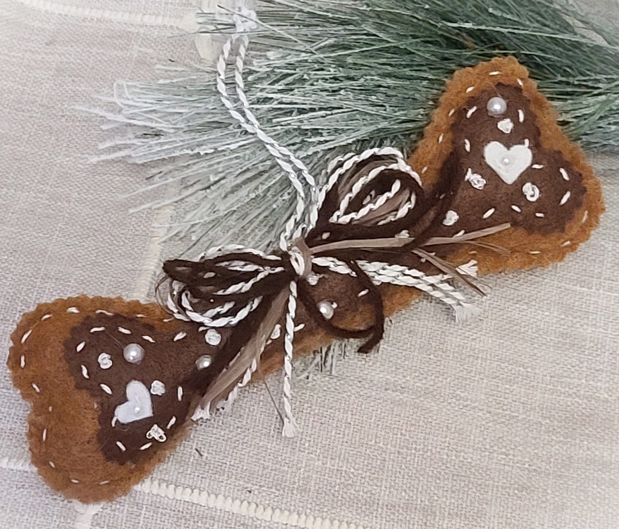 Dog bone ornament gingerbread felt with white trims - Click Image to Close