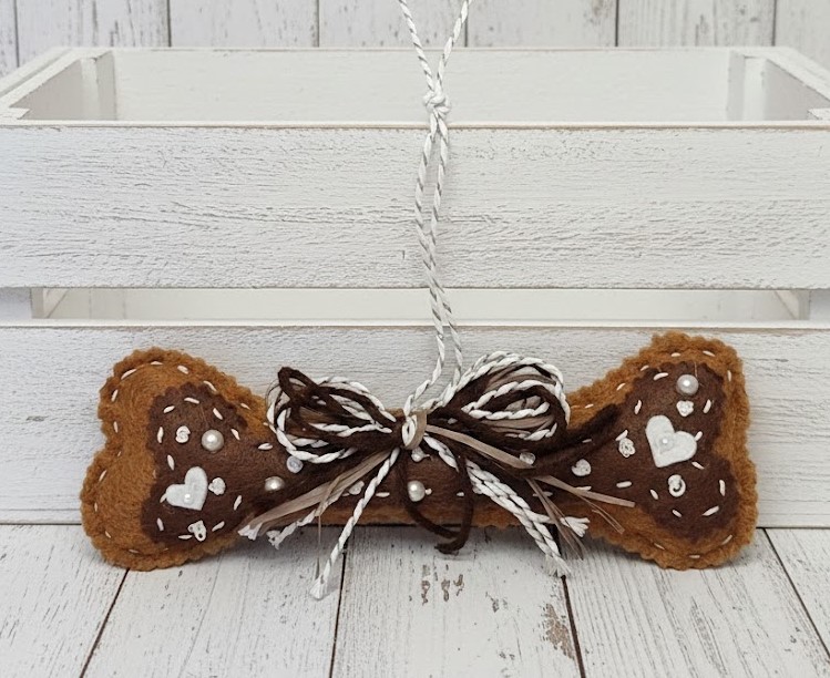 Dog bone ornament gingerbread felt with white trims