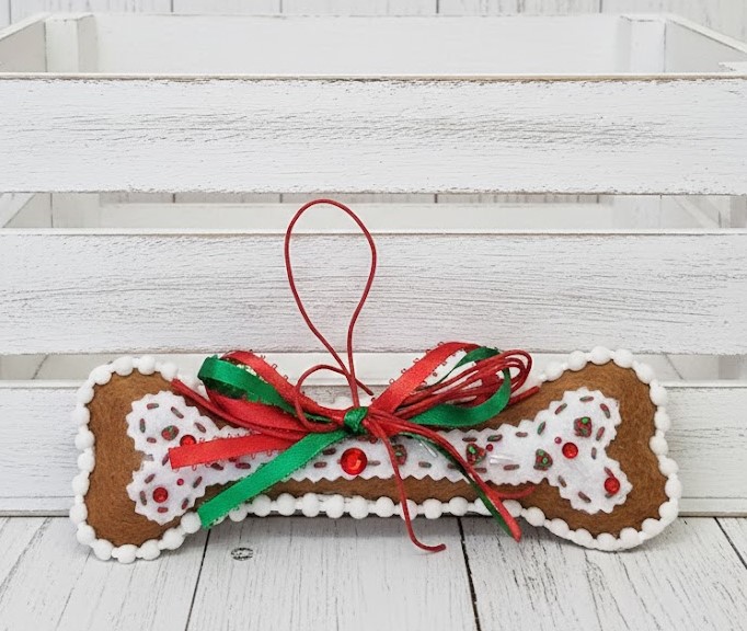 Dog bone ornament cookie dough felt with green and red