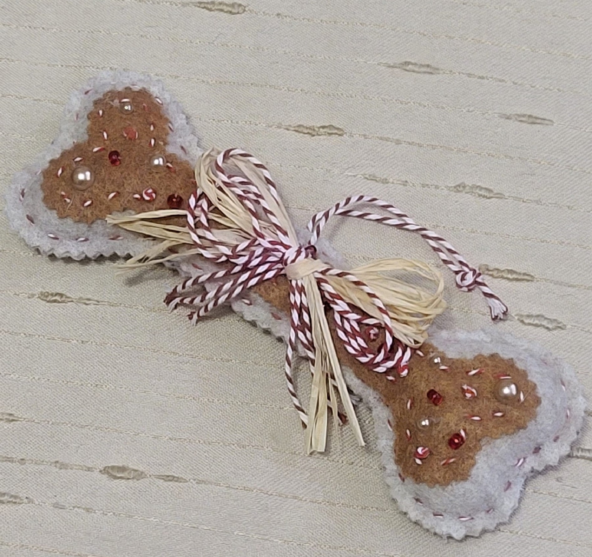 Dog bone ornament gingerbread felt with red white jute