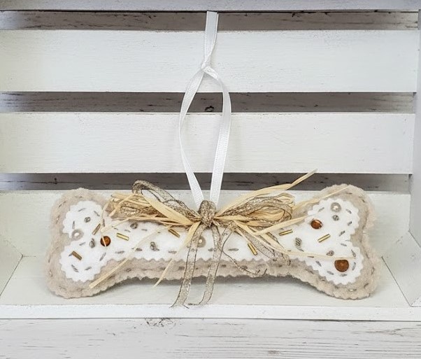 Dog bone ornament cookie dough felt with gold trim