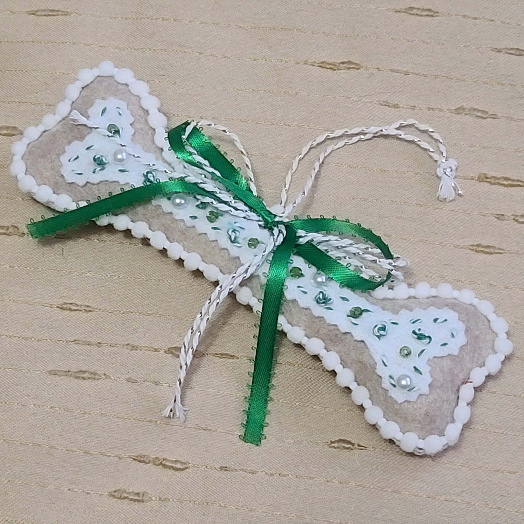 Dog bone ornament cookie dough felt with green trim