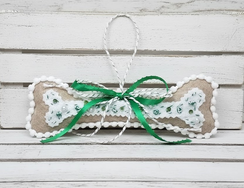 Dog bone ornament cookie dough felt with green trim