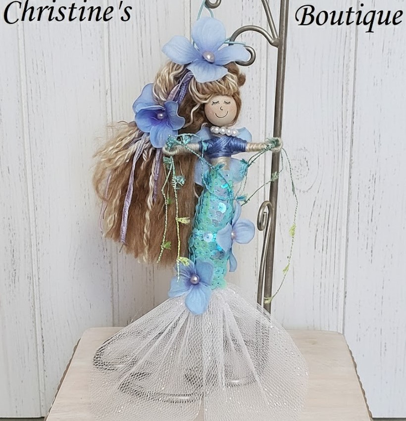 Whimsical mermaid doll, doll ornament, handmade doll, handmade mermaid, blue mermaid