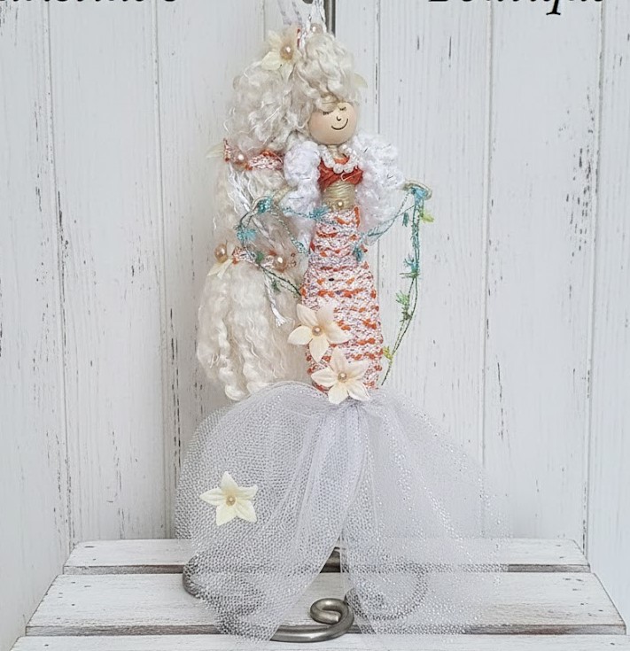 Whimsical mermaid doll, doll ornament, handmade doll, handmade mermaid. peach color mermaid