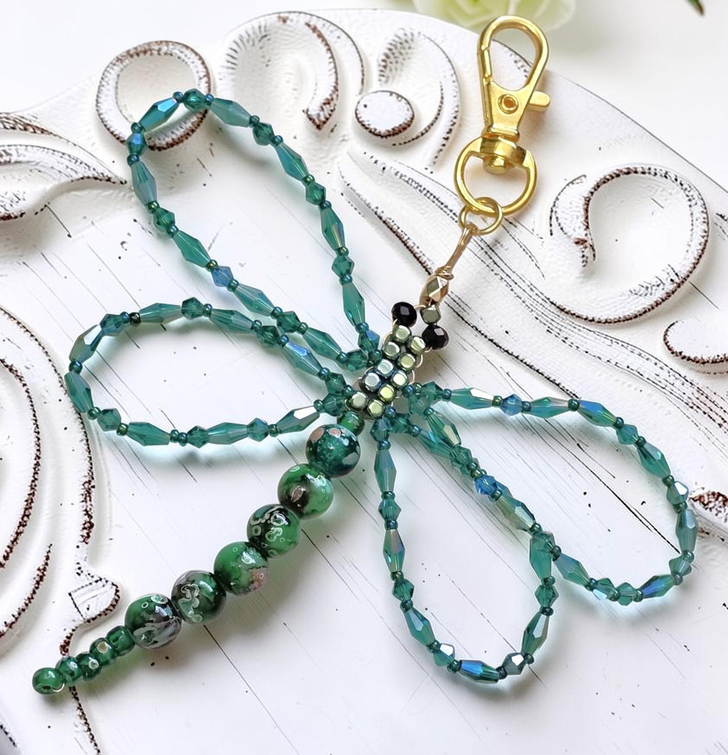Glass Beaded Wire Wrapped Dragonfly Key Chain Purse Dangle